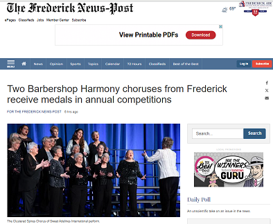 Two Barbershop Choruses from Frederick Receive Medals in Annual Competitions